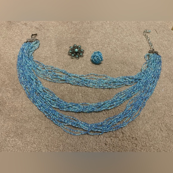 VTG MCM multi-strand seed bead necklace, brooch and one clip earring - Picture 1 of 7